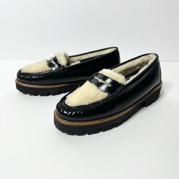 GH BASS Loafer Women 9 Black Leather Shearling Whitney Cozy Weejun Lug NEW - Picture 1 of 9
